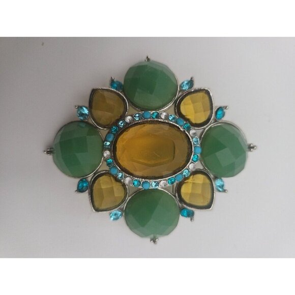 Vintage Green Yellow Blue Heart Acrylic Bold Statement Brooch Retro Large 3 Inch - Picture 5 of 9